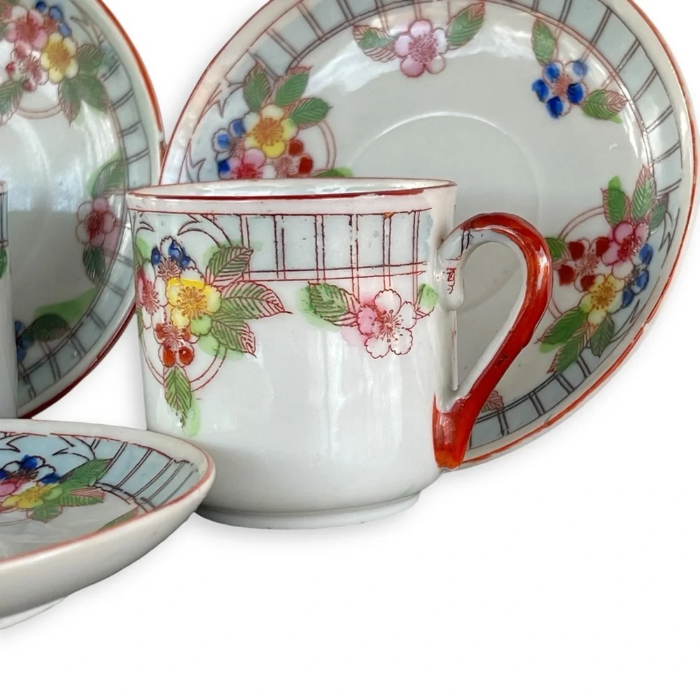 Post War Floral Patterned Porcelain Demitasse Teacup Saucer 5pc. Set